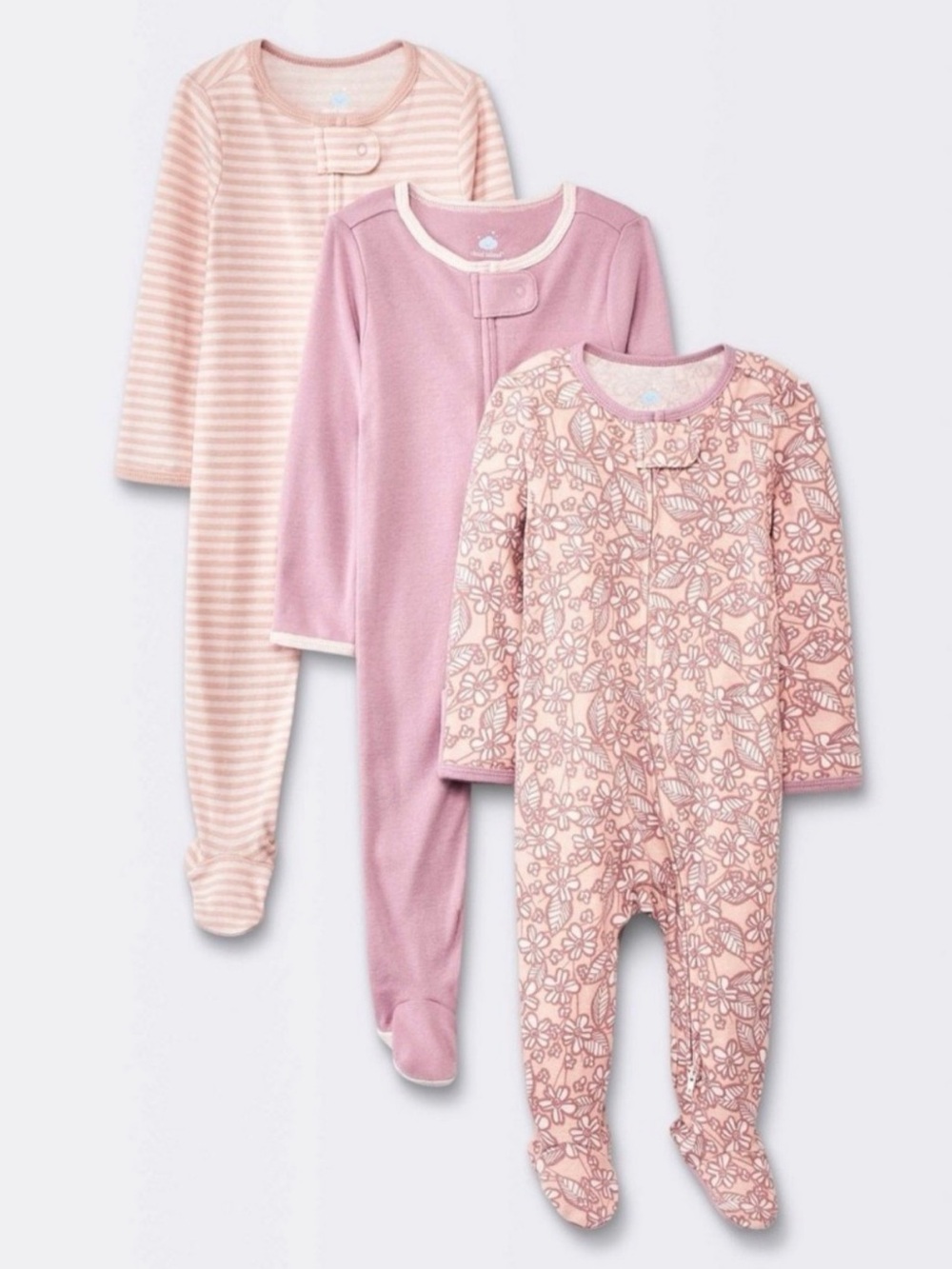 Cloud Island Sleepers Girls Pink Floral Striped Zip Footed 3 Pack Set NWT- 6/9M